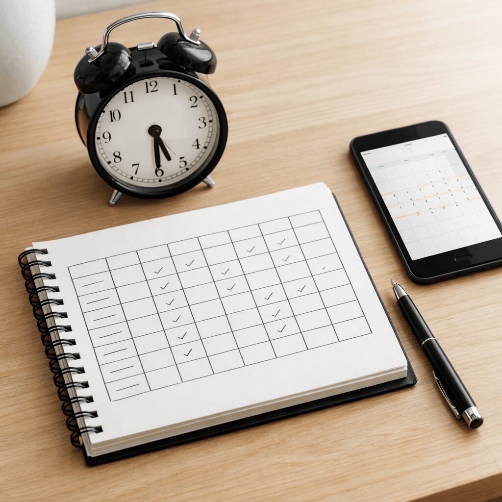 Fotorealistische Szene: 7-Tage-Schlafprotokoll im Notizbuch auf einem Schreibtisch mit Stift, Wecker und Smartphone mit Kalenderansicht.