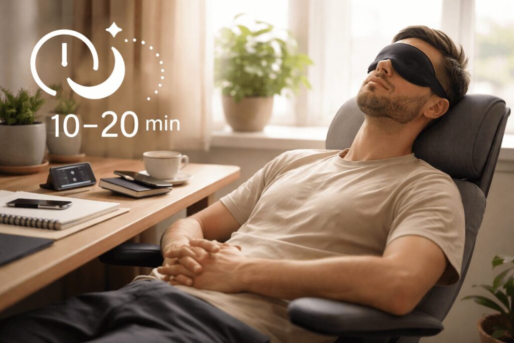 Person macht einen kurzen Powernap im Homeoffice mit Augenmaske, Timer/Smartphone daneben, ruhiges Mittagslicht.