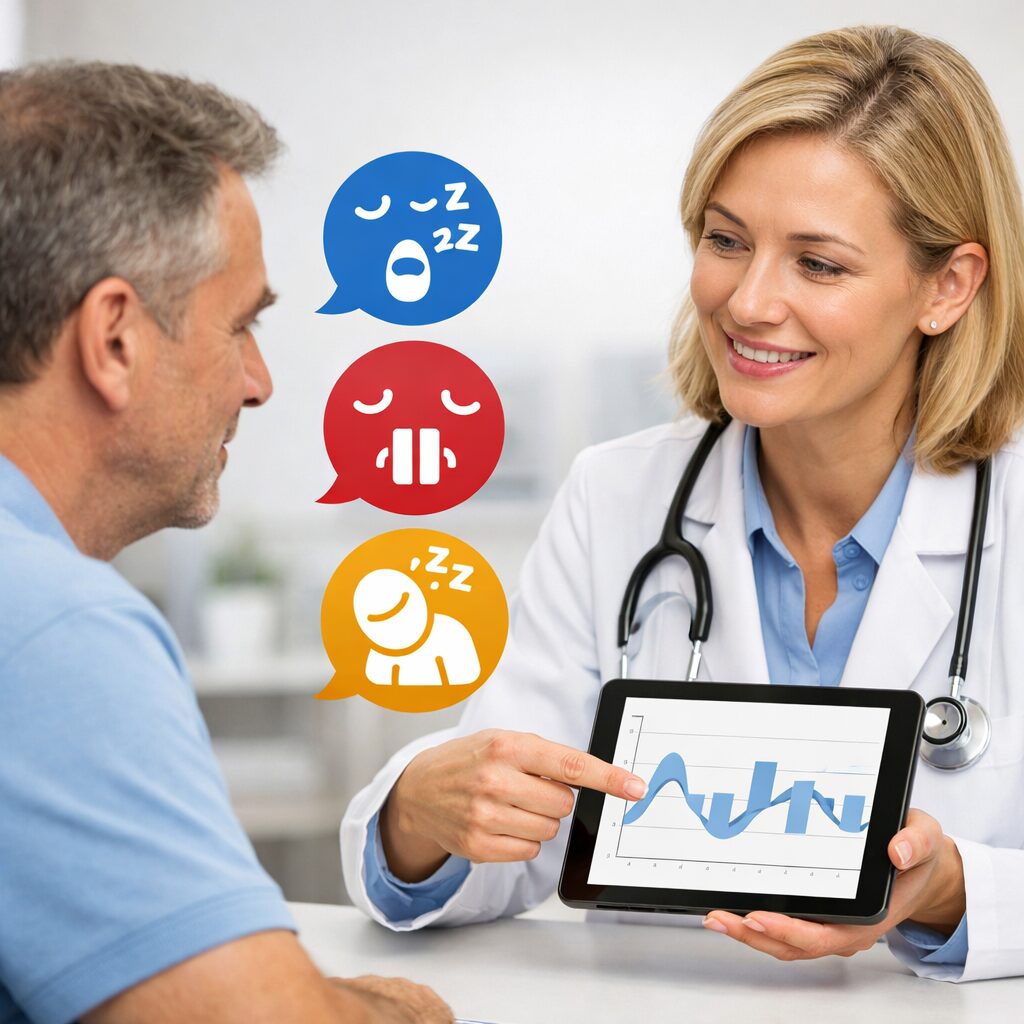 Ärztin berät Patient in moderner Klinik zu Schlafapnoe, zeigt Schlafdiagramm auf Tablet, Symbole für Schnarchen, Atempausen und Tagesmüdigkeit