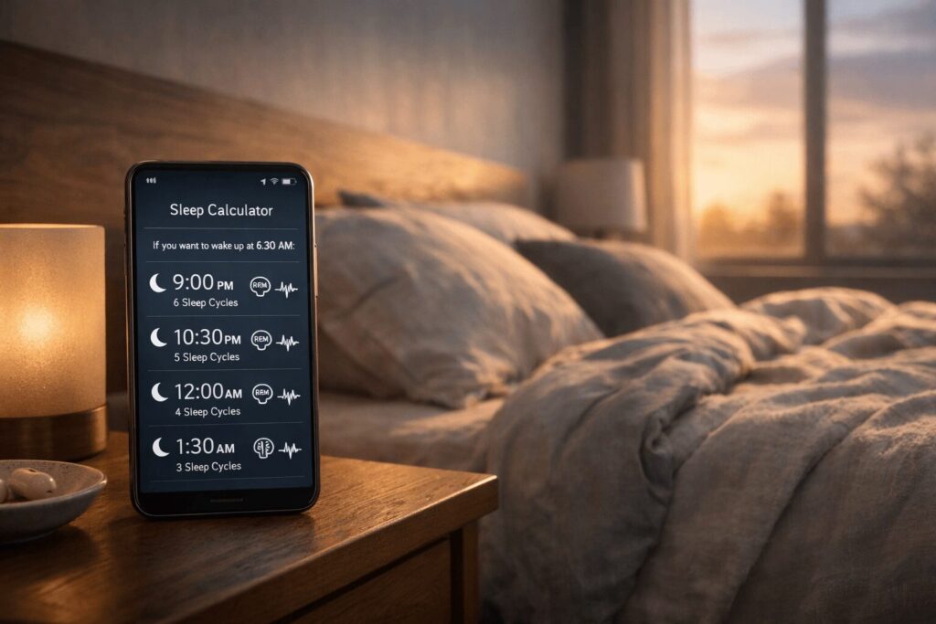Smartphone auf dem Nachttisch mit Schlafrechner-App in einem modernen Schlafzimmer bei sanftem Morgenlicht.
