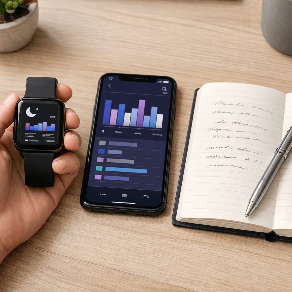 Hand hält eine Smartwatch neben einem Smartphone mit Schlafmetriken und einem Notizbuch mit Stift auf einem neutralen Schreibtisch.