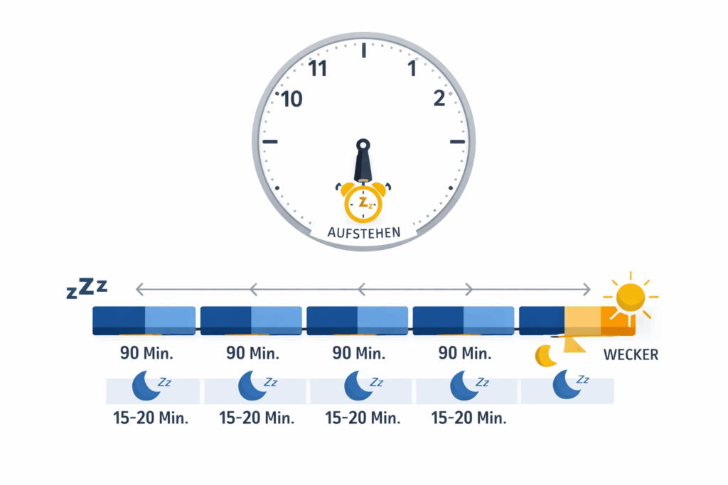 Infografik Schlafrechner mit Uhr und Zeitleiste: empfohlene Schlafenszeiten in 90-Minuten-Zyklen plus Einschlafpuffer vor fester Weckzeit