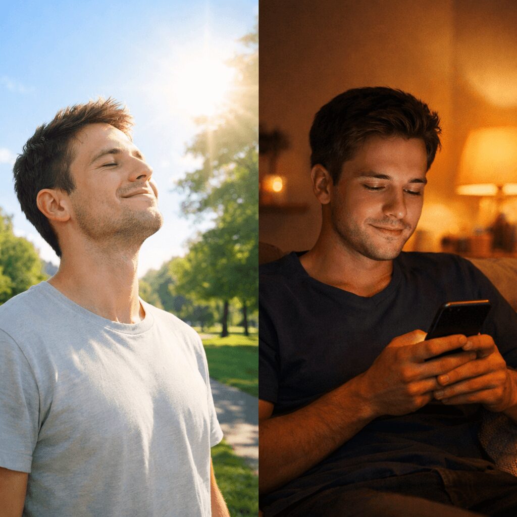 Split-Szene zum zirkadianen Lichtmanagement: morgens Tageslicht im Freien, abends warmes, gedimmtes Licht zu Hause mit Smartphone im Blaulichtfilter-Modus.