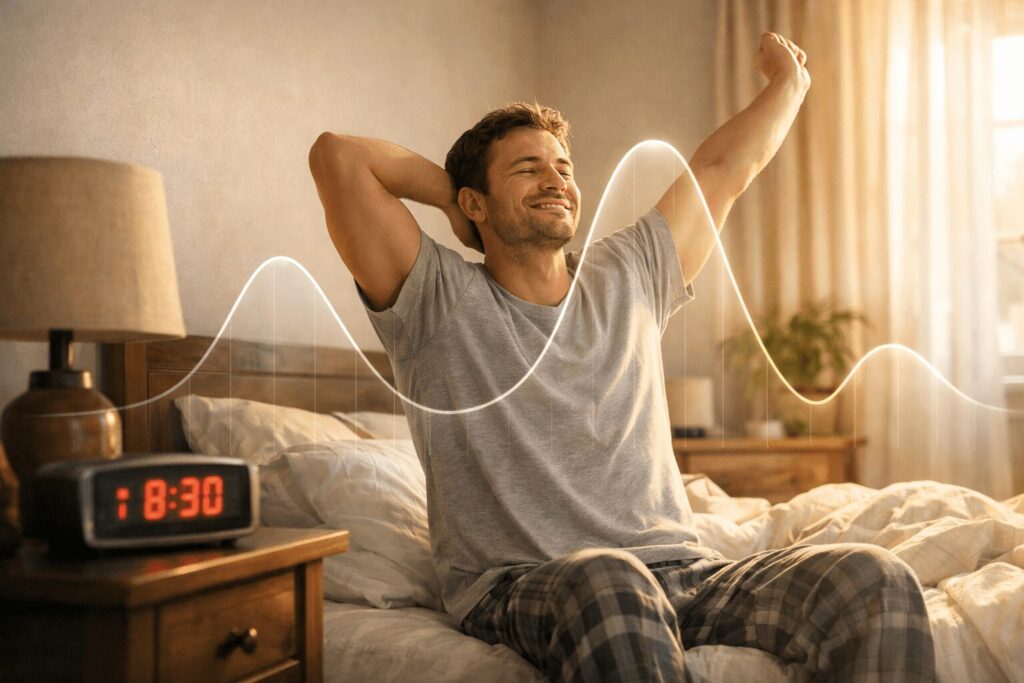Fotorealistisches Schlafzimmer: Person wacht sanft beim Wecker auf, sitzt am Bettrand und streckt sich, warmes Morgenlicht, Schlafzyklus-Wellenkurve als Overlay.
